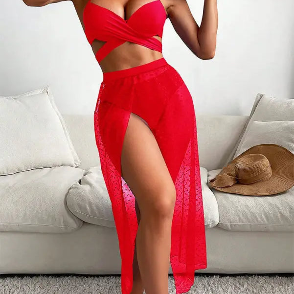 Red halter bikini with sheer skirt, stylish addition to royal blue maxi swimsuit collection