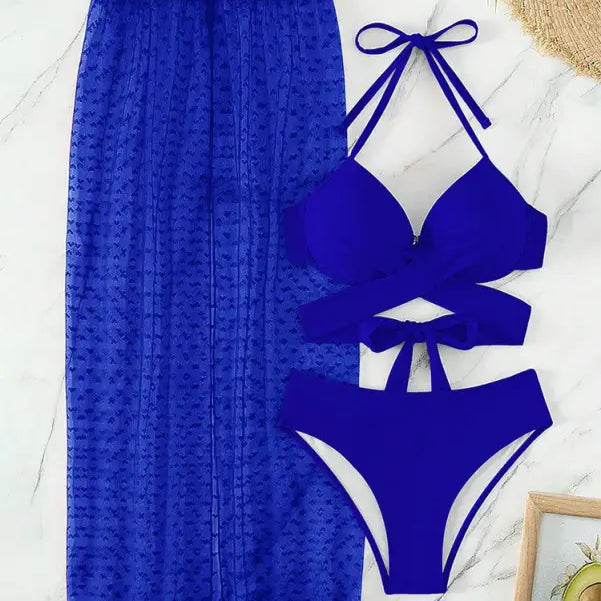 Royal blue sexy maxi swimsuit with lace and tulle accents featuring a skirt detail