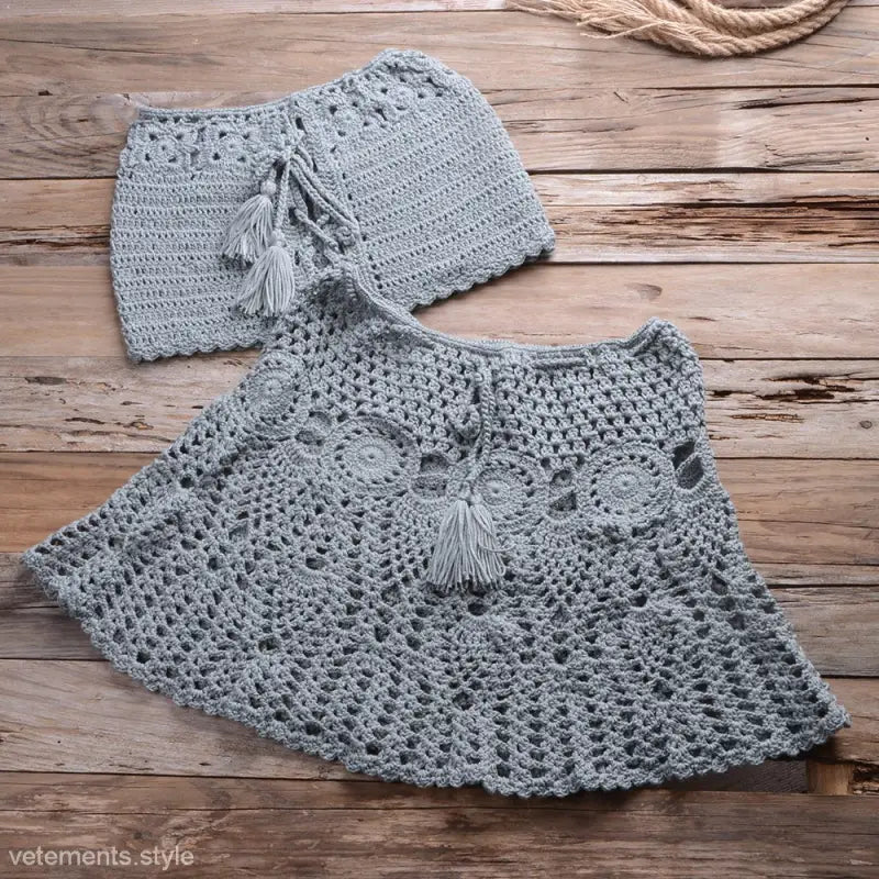 Crocheted gray skirt and top set with decorative tassels for a Rusty Red Beach Dress Strap