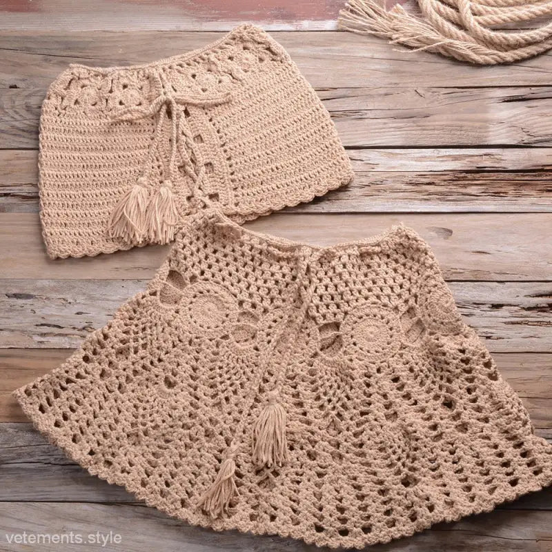 Crocheted beige shorts and skirt set with lace patterns for Rusty Red Beach Dress with Shoulder Bikini