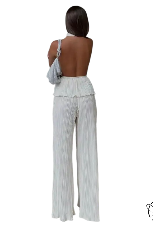 Sama elegant suit: white pleated halter sexy backless vest for summer