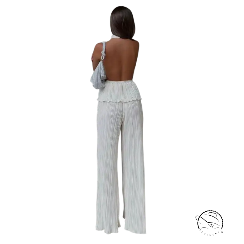 Sama elegant suit: white pleated halter sexy backless vest for summer