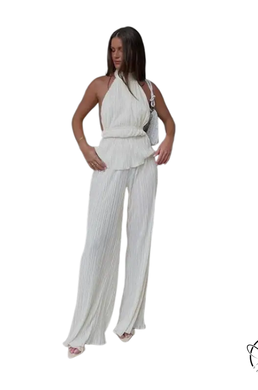 Woman in Sama Elegant Suit: sexy backless white halter vest