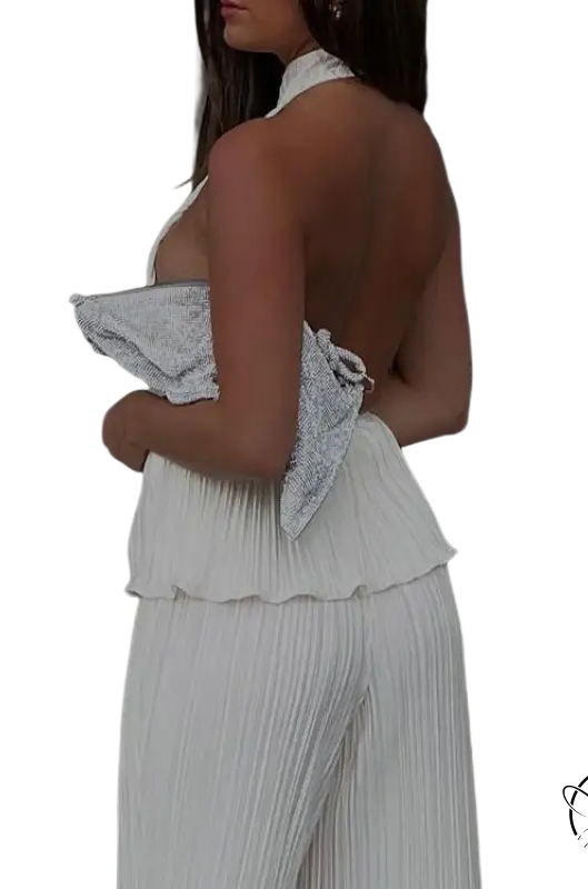 Sama elegant suit: halter sexy backless white vest with pleated texture