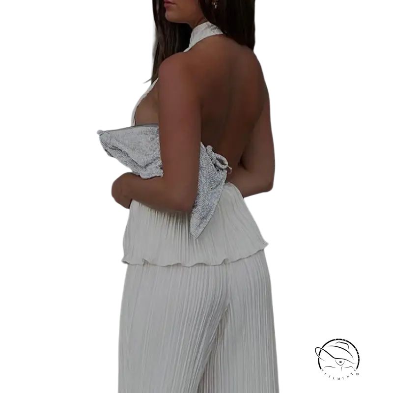 Sama elegant suit: halter sexy backless white vest with pleated texture