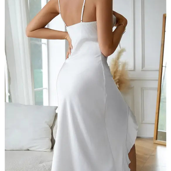 Sapphire blue satin nightdress with spaghetti straps and asymmetrical hem, perfect for sexy charming nightdresses