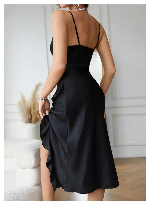 Sapphire blue sexy charming nightdress featuring black satin cami with ruffled high-slit hem