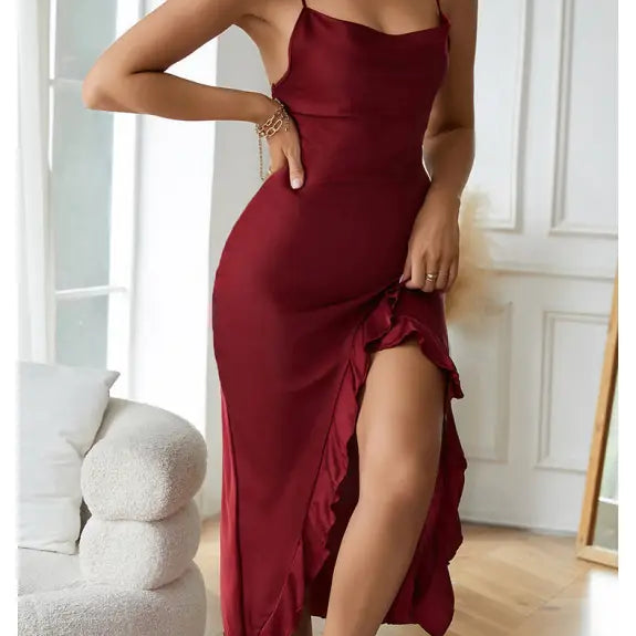 Sapphire blue sexy charming nightdresses featuring a sleeveless ruffled deep red slip dress with spaghetti straps and thigh-high slit