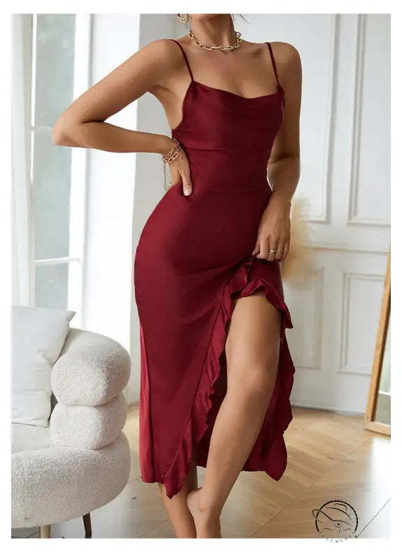 Sapphire blue sexy charming nightdresses featuring a sleeveless ruffled deep red slip dress with spaghetti straps and thigh-high slit