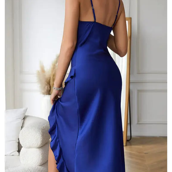 Sapphire blue ruffle satin maxi nightdress showcasing sexy charming nightdresses design