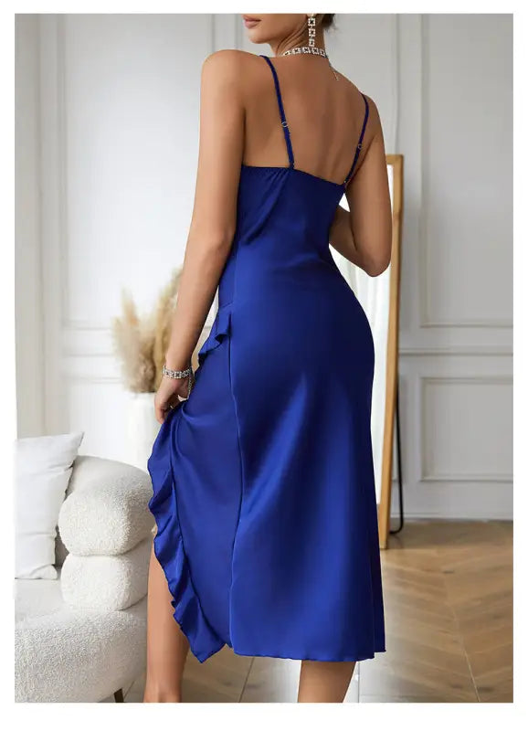 Sapphire blue ruffle satin maxi nightdress showcasing sexy charming nightdresses design