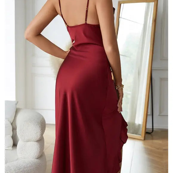 Sapphire blue satin nightdress with ruffled hem, perfect for sexy charming nightdresses