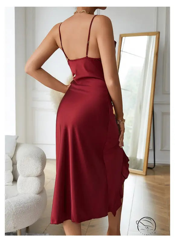 Sapphire blue ruffle satin maxi nightdress with charming spaghetti straps