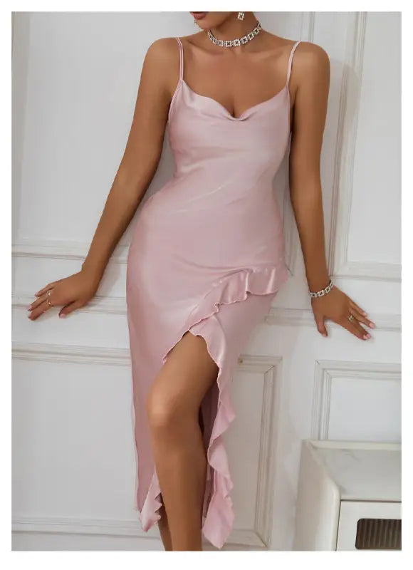 Light pink cowl neck satin midi dress with ruffles, perfect for sexy charming nightdresses