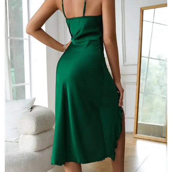 Emerald green satin slip dress with adjustable straps and side slit, perfect for sexy charming nightdresses