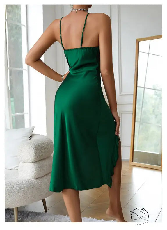 Emerald green satin slip dress with adjustable straps and side slit, perfect for sexy charming nightdresses