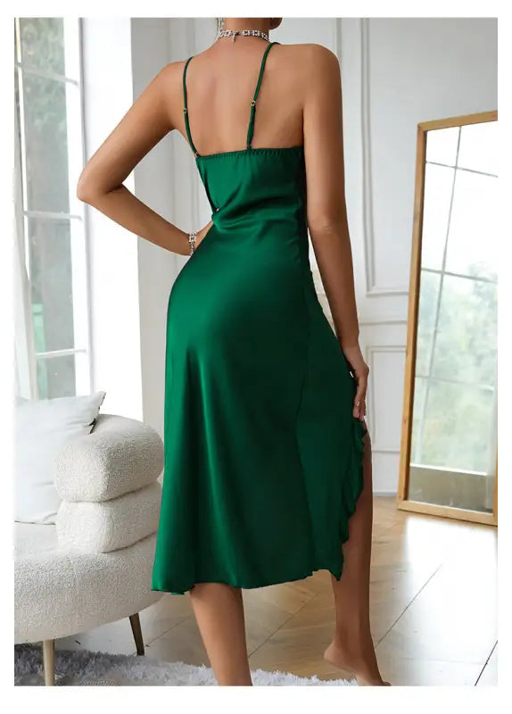 Sapphire blue sexy charming nightdress with emerald green satin cami and side slit