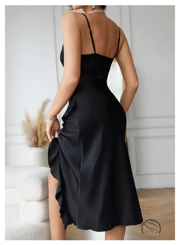 Sapphire blue ruffle satin maxi nightdress with charming high-slit hem