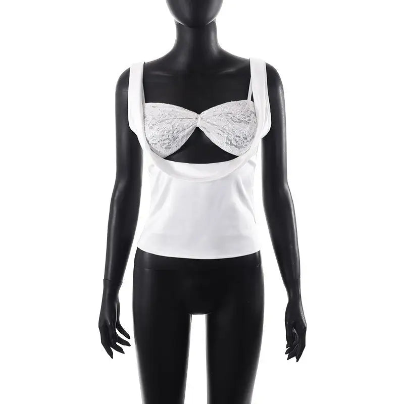 White tank top with integrated lace bow-shaped bra, perfect as a satin backless boning corset