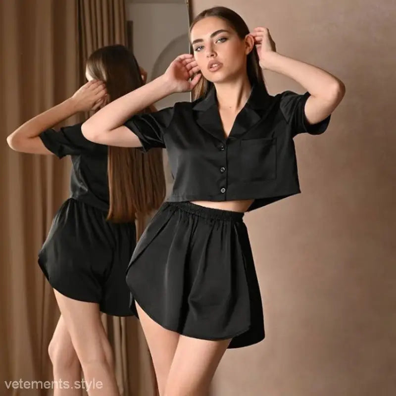 Black satin pajamas set from Satin Button Sleeve Short Sleeve Pajamas Set with free shipping