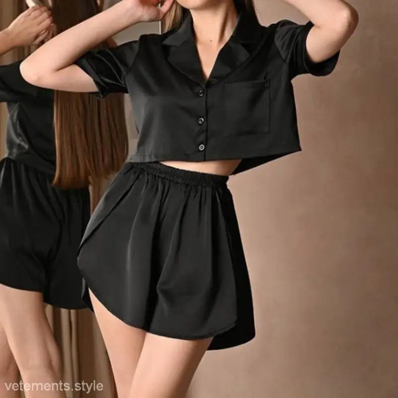 Black satin pajamas set from Satin Button Sleeve Short Sleeve Pajamas Set with free shipping