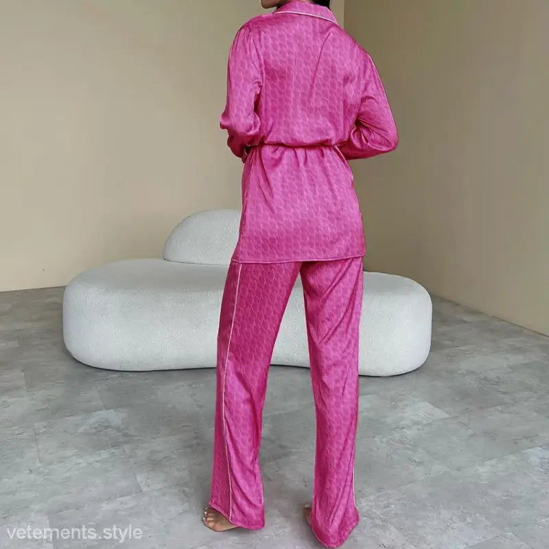 Pink patterned Satin Comfy Two-Piece Pajamas Set with Belted Long Sleeves