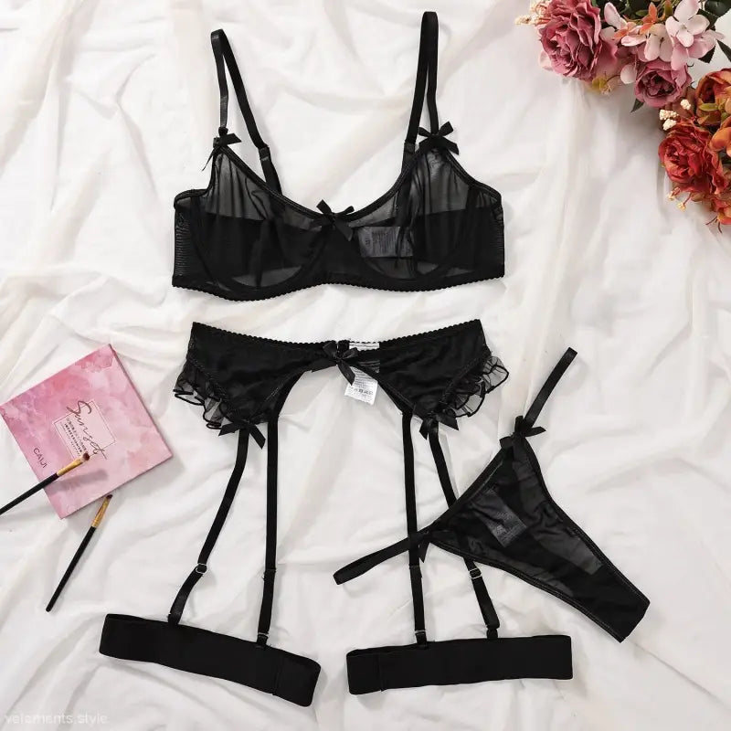 Black lingerie set featuring lace and sheer details, perfect for fashion lovers with free shipping