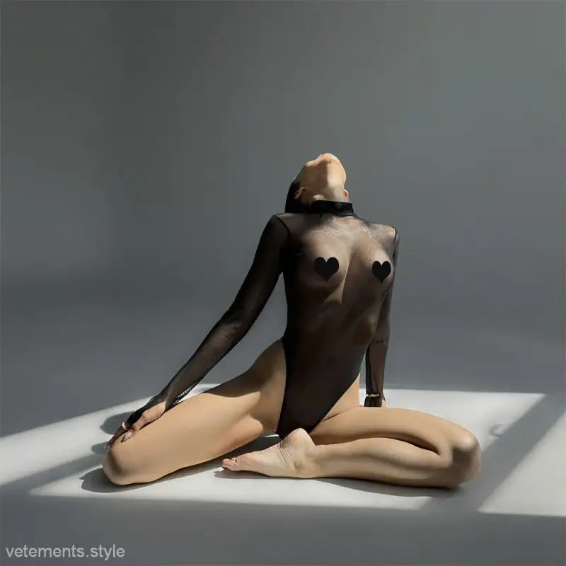 Sheer black bodysuit with heart pasties from Seasonless Mesh Lace Bodysuit collection featuring free shipping