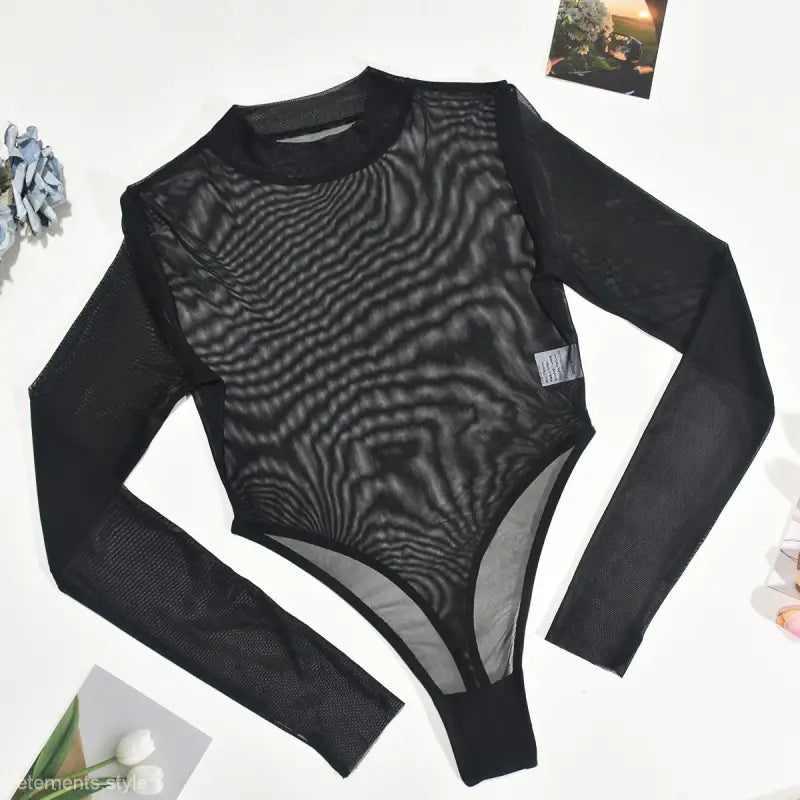 Black mesh long-sleeve bodysuit from Seasonless Mesh Lace Bodysuit, perfect for fashion, free shipping available