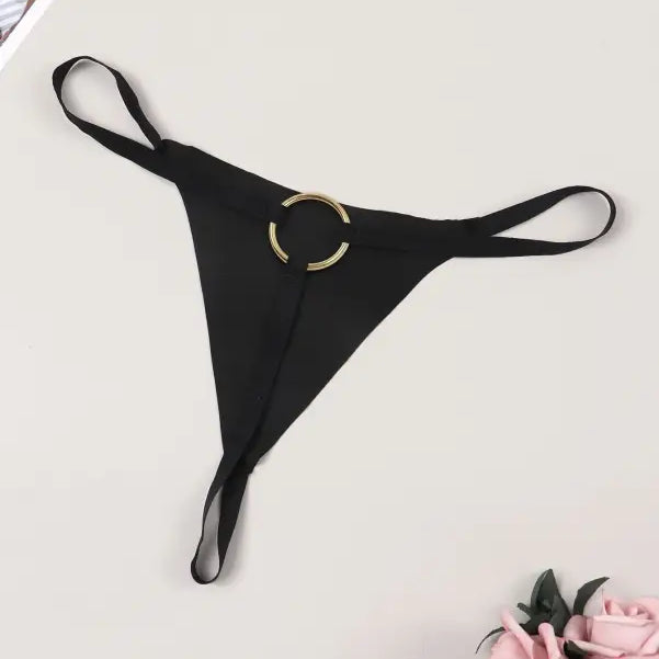 Black thong underwear with gold ring detail from Seasonless Nylon Solid Ring Ice Silk Panties