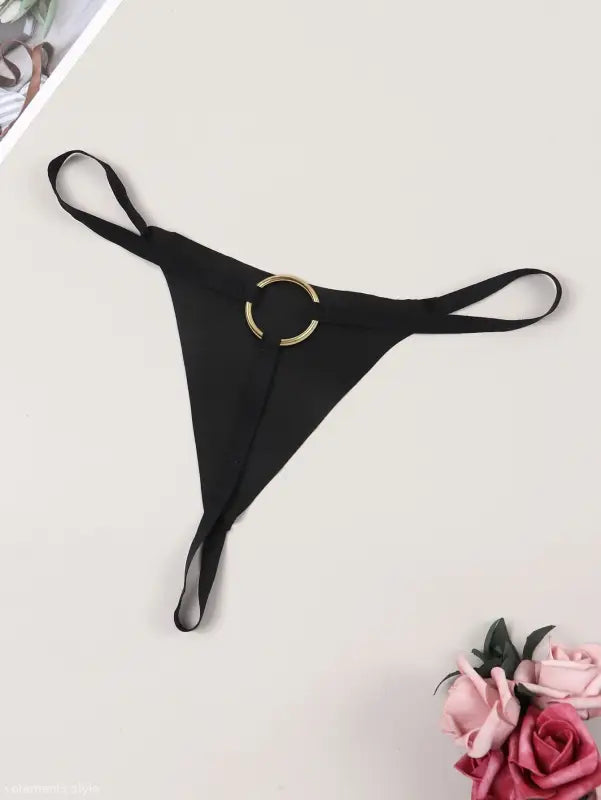 Black thong underwear with gold ring detail from Seasonless Nylon Solid Ring Ice Silk Panties