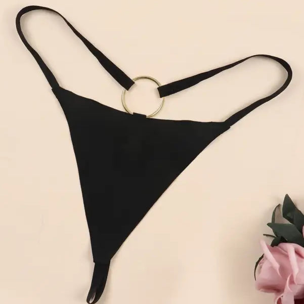 Black ice silk panties with metal ring detail in waistband, stylish luxury lingerie