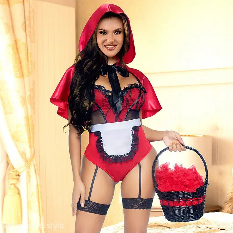 Woman in provocative Little Red Riding Hood costume with basket, perfect for riding hood cosplay and sexy Christmas garter looks