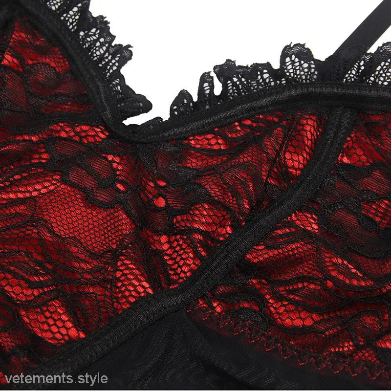Red lace lingerie with black trim and floral patterns, perfect for sexy Christmas garter or riding hood cosplay