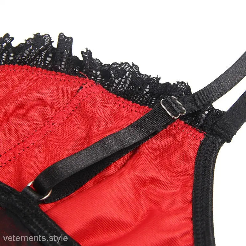 Red and black lace-trimmed lingerie top with adjustable straps for riding hood cosplay