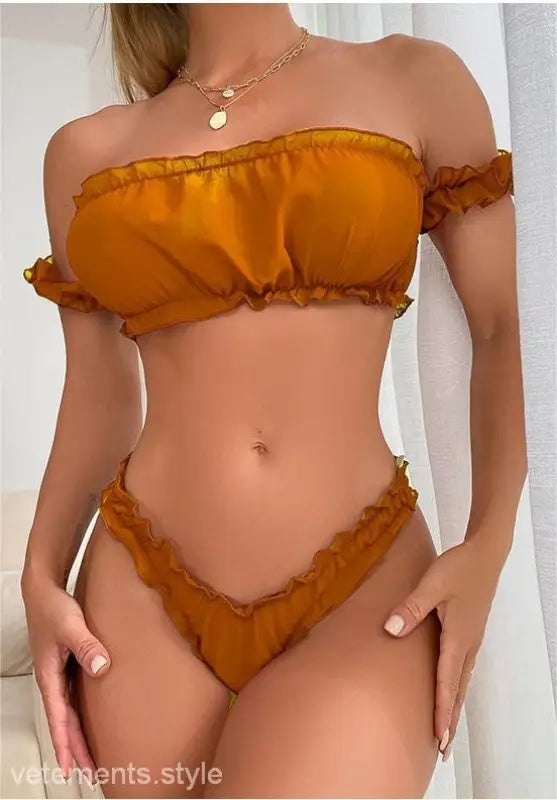 Mustard ruffled bikini set featuring an off-shoulder top, ideal for sexy ruffle lingerie