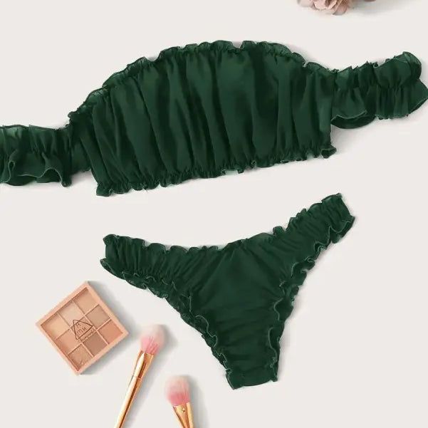 Dark green ruched bikini set featuring ruffle lingerie style for sexy summer wear
