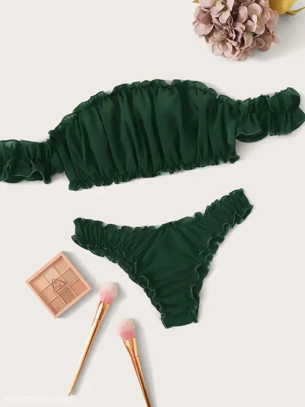 Dark green ruched bikini set featuring ruffle lingerie style for sexy summer wear
