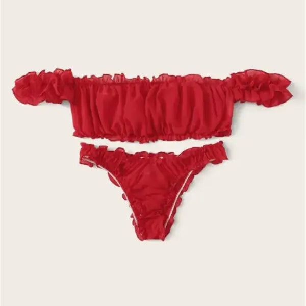 Red off-shoulder bikini set featuring ruffled details for sexy ruffle lingerie fashion
