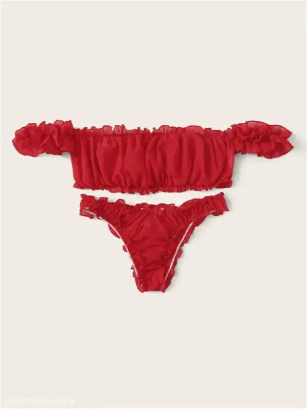 Red off-shoulder bikini set featuring ruffled details for sexy ruffle lingerie fashion