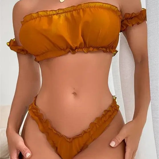 Mustard-colored ruffled bikini set showcasing sexy ruffle lingerie style in polyester