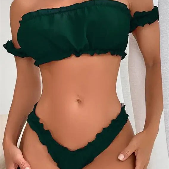 Dark green off-shoulder bikini with ruffled edges in sexy ruffle lingerie set