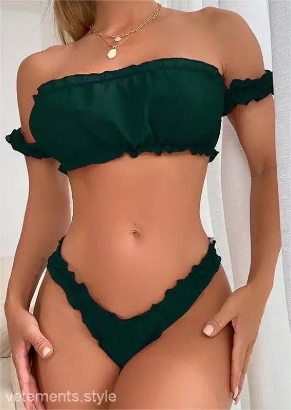Dark green off-shoulder bikini with ruffled edges in sexy ruffle lingerie set