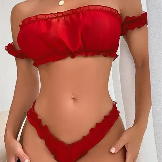 Red off-shoulder bikini set showcasing sexy ruffle lingerie with ruffled edges