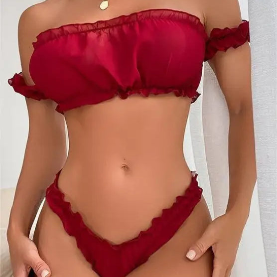 Red off-shoulder bikini set with ruffled edges, perfect for sexy ruffle lingerie collections