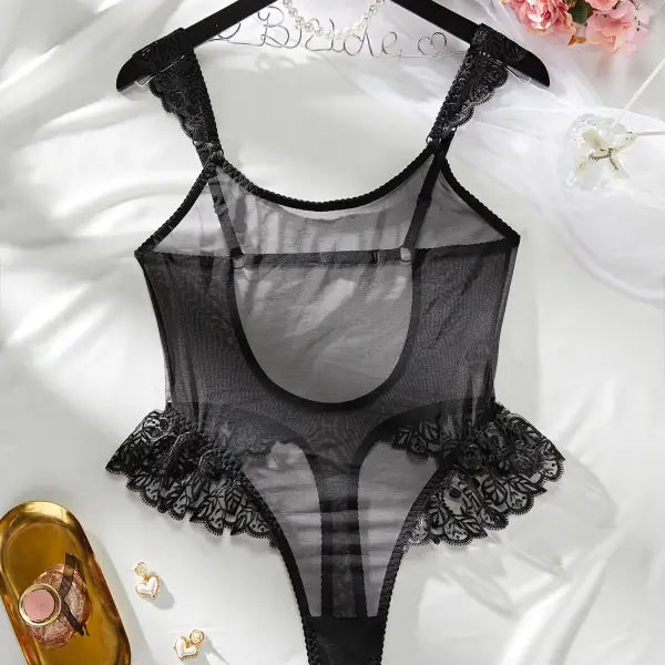 Langry Seasonless Ruffle Mesh Bodysuit in black lace with sheer panels