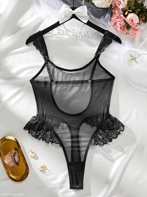 Langry Seasonless Ruffle Mesh Bodysuit in black lace with sheer panels