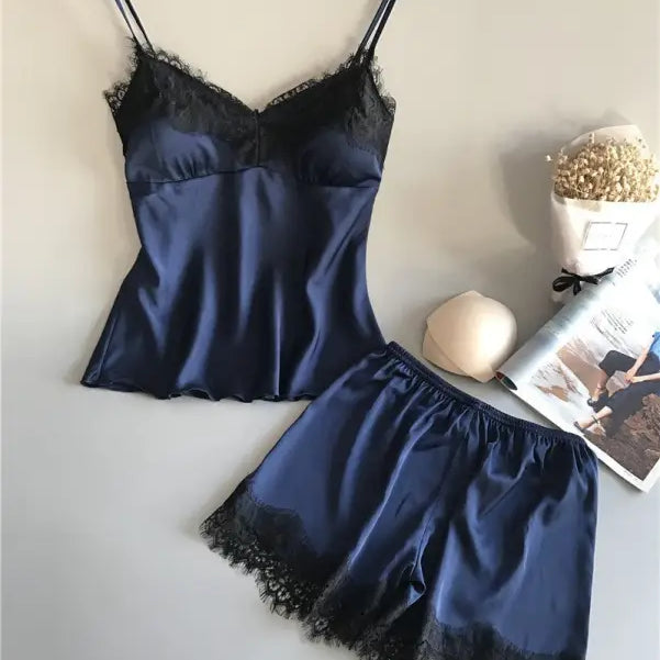Navy blue satin lingerie set with black lace trim from Seasonless Lingerie Set collection