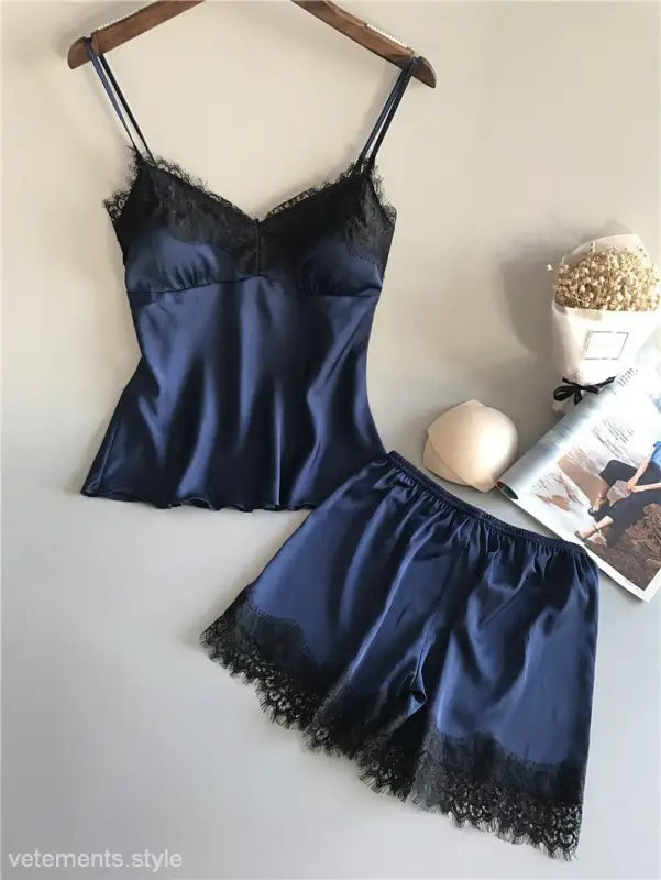 Navy blue satin lingerie set with black lace trim from Seasonless Lingerie Set collection