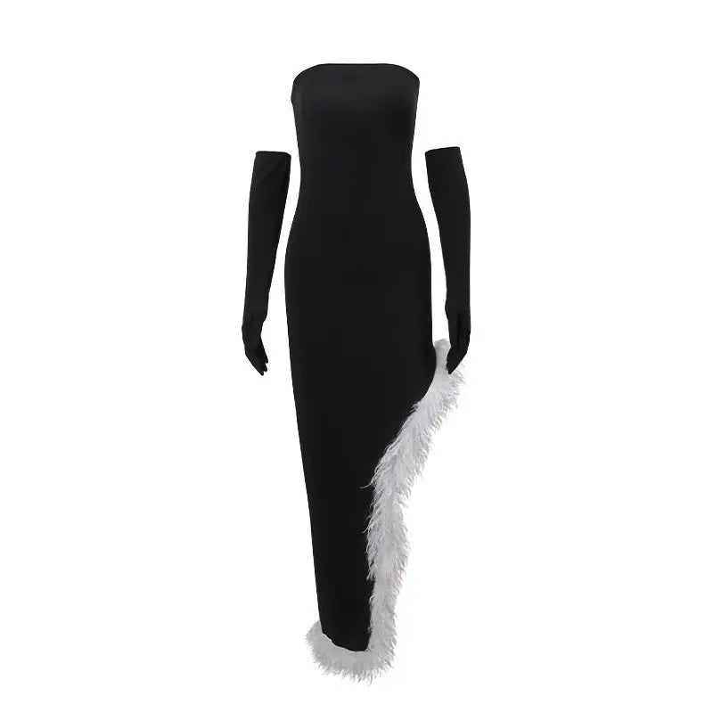 Black strapless evening gown with white feather trim showcasing high grade fur stitching
